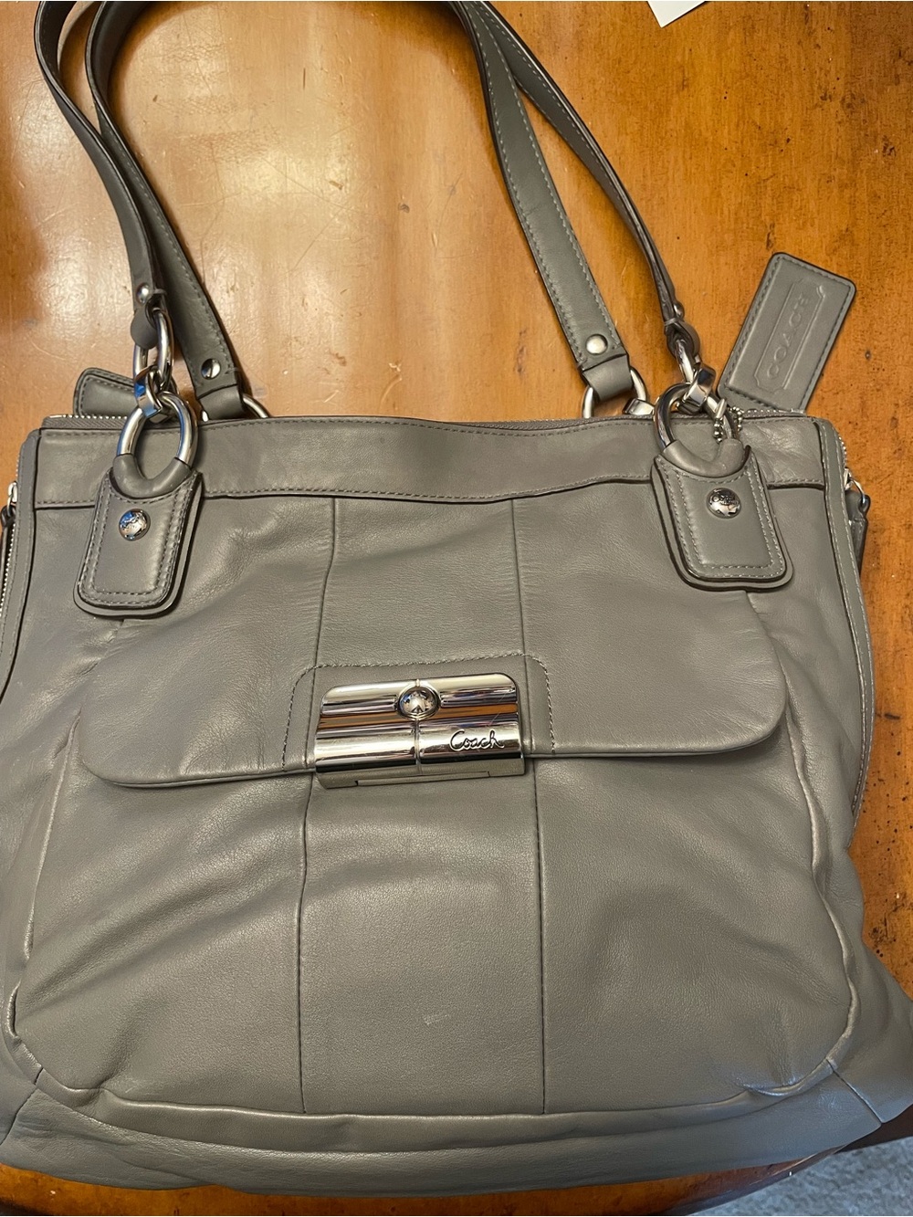 Coach Gray Kristin Leather Shoulder Tote with Front Turnlock